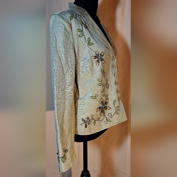 SILK LAND 100% Silk Light Brown Floral Embroidered Blazer - Picture 2 of 11